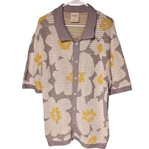 Massive Luxury Mens XL Floral Knit Crochet Button Up Collared Sweater Boho NEW